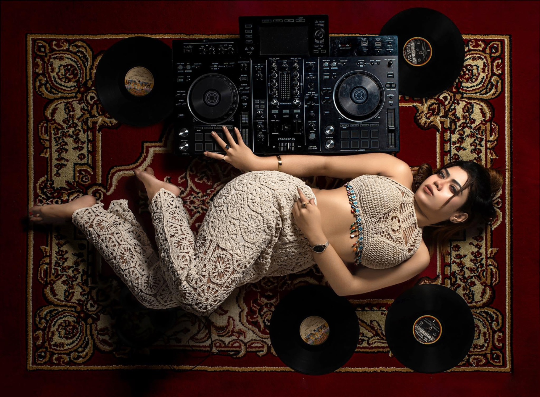 DJ Ethika styled creative photoshoot with vinyl records