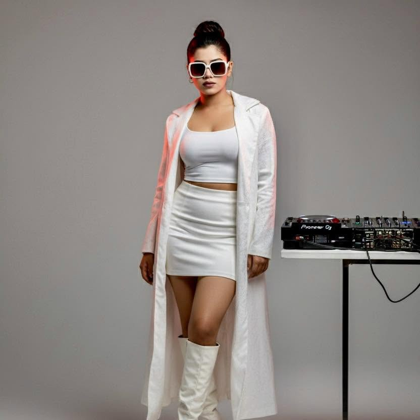 DJ Ethika in a white studio outfit beside DJ decks
